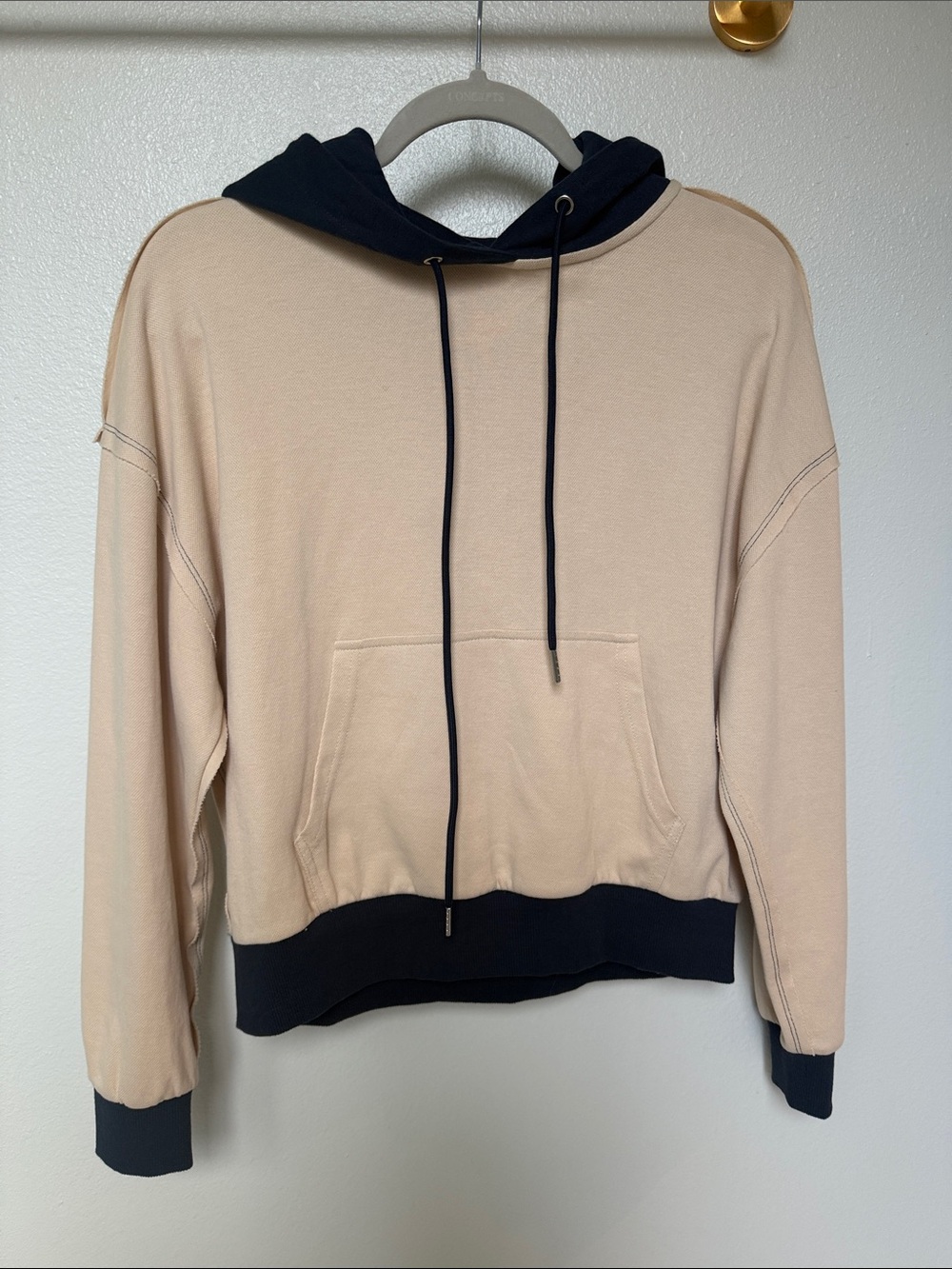 Beige and Navy Contrast Hooded Sweatshirt